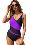 Purple Colorblock Mesh Backless One Piece Bathing Suit LC442720-8