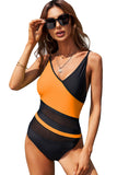 Orange Colorblock Mesh Backless One Piece Bathing Suit LC442720-14