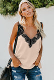 LC251886-16-S, LC251886-16-M, LC251886-16-L, LC251886-16-XL, LC251886-16-2XL, Khaki Women's V Neck Sleeveless Lace Trim Camisole Sleeveless Tank Top