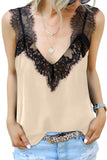LC251886-16-S, LC251886-16-M, LC251886-16-L, LC251886-16-XL, LC251886-16-2XL, Khaki Women's V Neck Sleeveless Lace Trim Camisole Sleeveless Tank Top