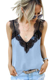 LC251886-4-S, LC251886-4-M, LC251886-4-L, LC251886-4-XL, LC251886-4-2XL, Sky Blue Women's V Neck Sleeveless Lace Trim Camisole Sleeveless Tank Top