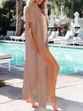 LC618591-16-S, LC618591-16-M, LC618591-16-L, LC618591-16-XL, Khaki Women's Cover Up Short Sleeve Button Down Summer Beach Maxi Dress