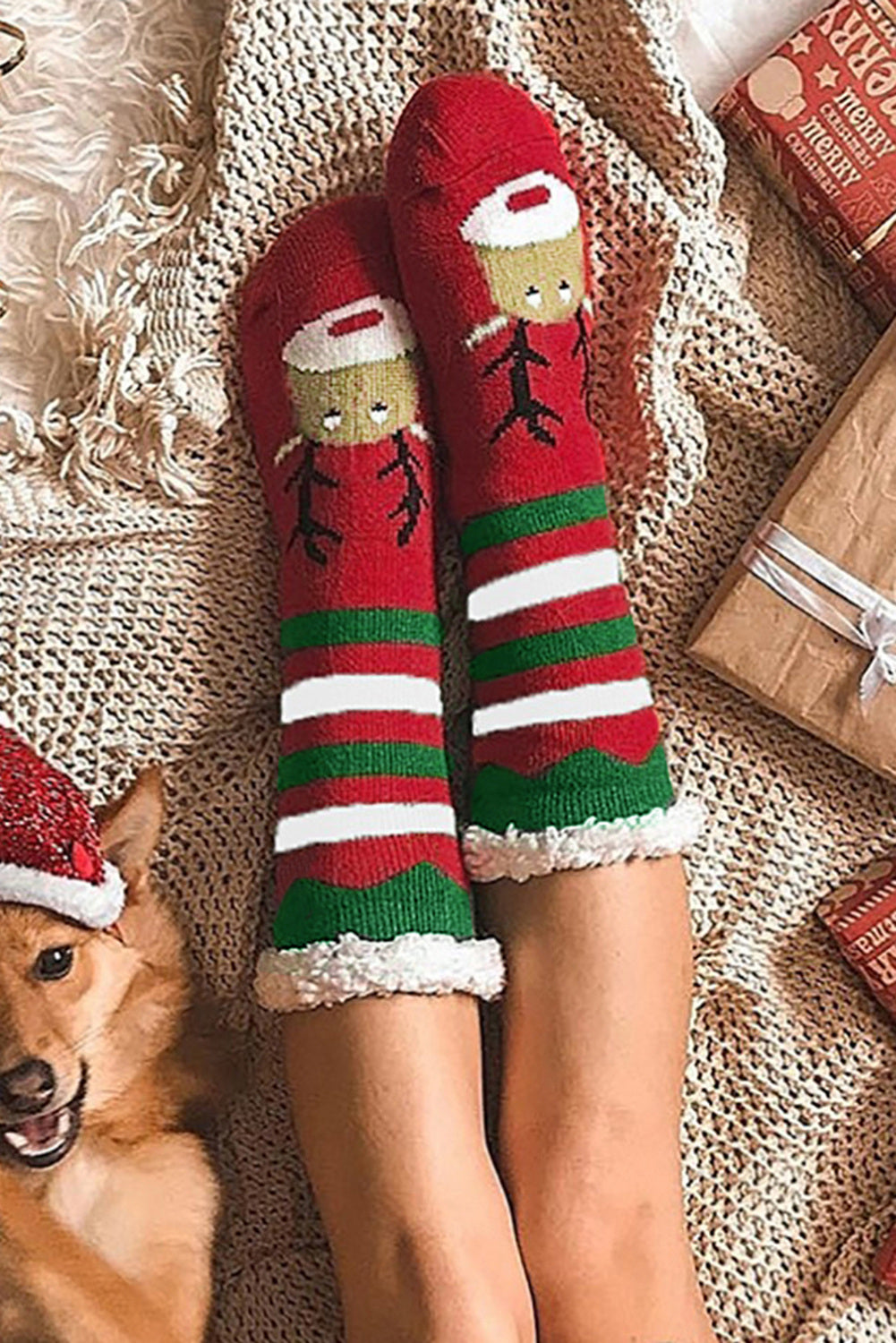 LC09467-3, Red Christmas Fuzzy Socks Cozy Socks For Xmas Winter Women's Socks