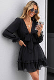 Black Womens Deep V Neck Lantern Sleeve Knotted Tiered Mini White Dress LC227391-2