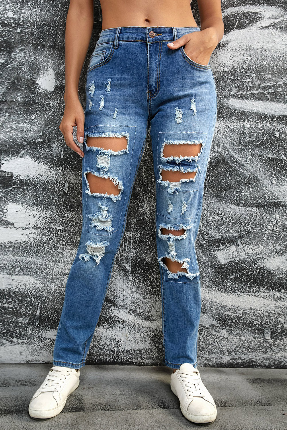 Sky Blue Women's Ripped Boyfriend Jeans Buttoned Pockets Distressed Jeans LC782725-4
