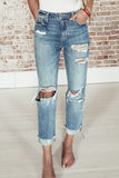 Sky Blue Ripped High Waist Straight Leg Crop Jeans 90s Y2K Denim Pants Trousers LC783601-4