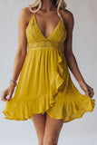Yellow Lace Splicing Criss Cross V Neck Cami Dress with Ruffle LC2210898-7