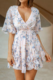 Womens Summer Short Flared Sleeve Mini Dress Floral Print Ruffle V Neck Dress