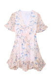 Pink Floral Print Flared Sleeve Ruffle V Neck Dress for Ladies LC2211175-10