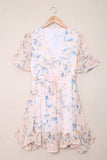 Pink Floral Print Flared Sleeve Ruffle V Neck Dress for Ladies LC2211175-10