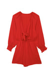 LC643624-3-S, LC643624-3-M, LC643624-3-L, LC643624-3-XL, LC643624-3-2XL, Red Women's Sexy V Neck Jumpsuits Chiffon Tie Knot Front Puff Long Sleeve Romper