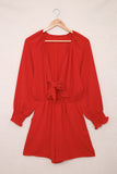 LC643624-3-S, LC643624-3-M, LC643624-3-L, LC643624-3-XL, LC643624-3-2XL, Red Women's Sexy V Neck Jumpsuits Chiffon Tie Knot Front Puff Long Sleeve Romper