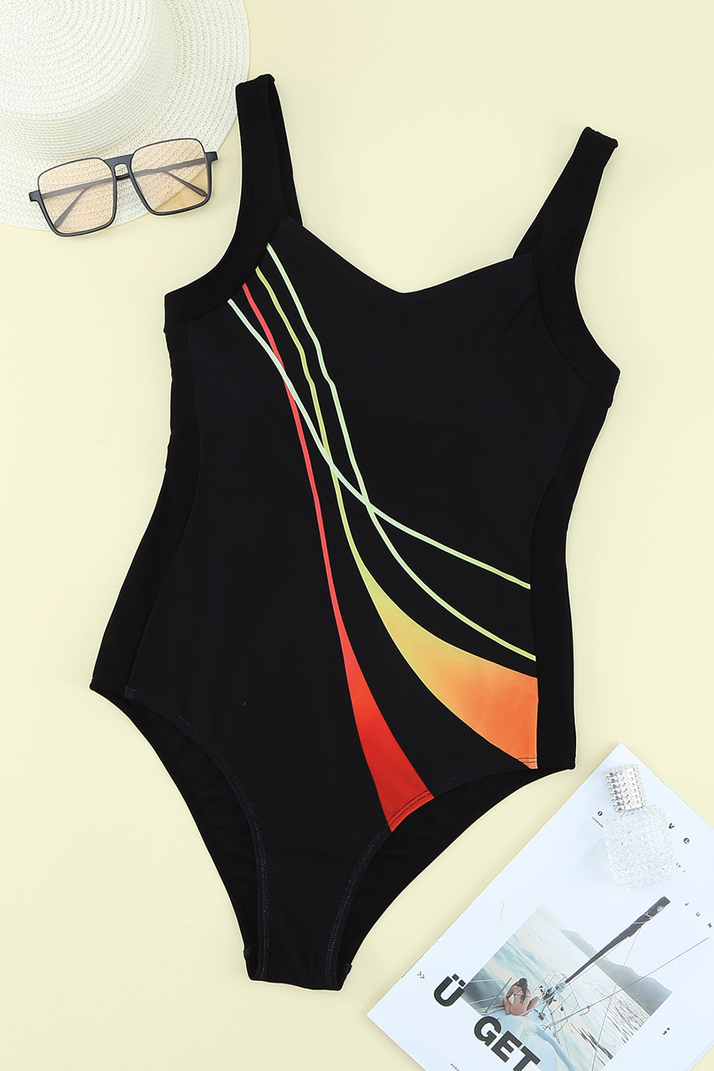 LC442787-2-S, LC442787-2-M, LC442787-2-L, LC442787-2-XL, LC442787-2-2XL, Black Women's One Piece Swimsuit Striped Pattern Print Sleeveless Bathing Suit