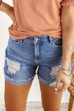 Blue Distressed Denim Short for Women Ripped Rolled Hem Blue Denim Jean Shorts LC77173-5