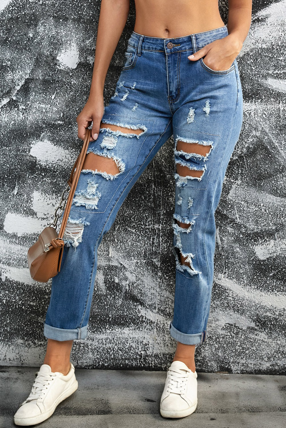 Sky Blue Womens Ripped Boyfriend Jeans Distressed Buttoned Pockets Jeans LC784073-4