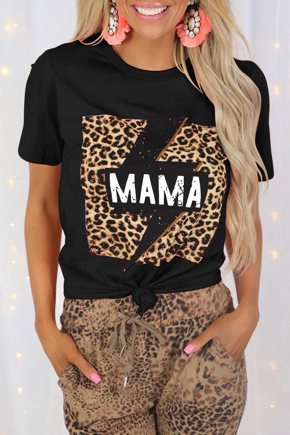 Black Women Leopard Graphic T Shirt Casual Tee Tops LC25213930-2