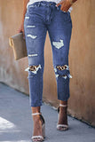 Blue Leopard Patchwork Destroyed Slim Fit Denim Pants Ripped Jeans  LC784057-5