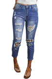 Blue Leopard Patchwork Destroyed Slim Fit Denim Pants Ripped Jeans  LC784057-5