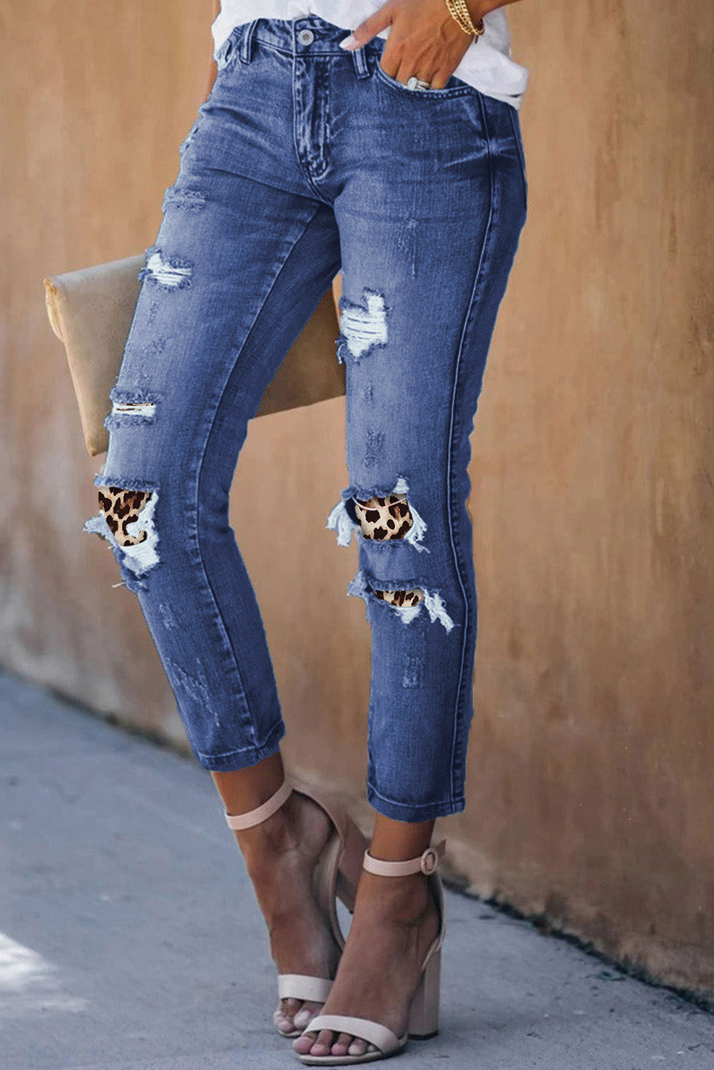 Blue Leopard Patchwork Destroyed Slim Fit Denim Pants Ripped Jeans  LC784057-5