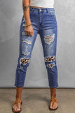 Blue Leopard Patchwork Destroyed Slim Fit Denim Pants Ripped Jeans  LC784057-5