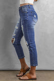 Blue Leopard Patchwork Destroyed Slim Fit Denim Pants Ripped Jeans  LC784057-5