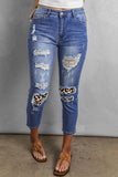 Blue Leopard Patchwork Destroyed Slim Fit Denim Pants Ripped Jeans  LC784057-5