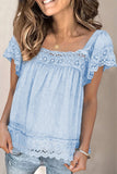 Sky Blue Womens Lace Top Pom Pom Splicing Square Neck Blouse LC25112089-4