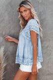 Sky Blue Womens Lace Top Pom Pom Splicing Square Neck Blouse LC25112089-4
