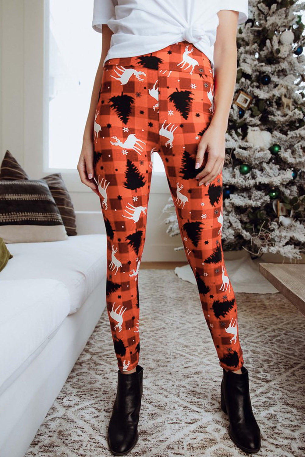 LC76473-3-S, LC76473-3-M, LC76473-3-L, LC76473-3-XL, Red  Christmas Leggings Reindeer Plaid Print Yoga Pants for Women