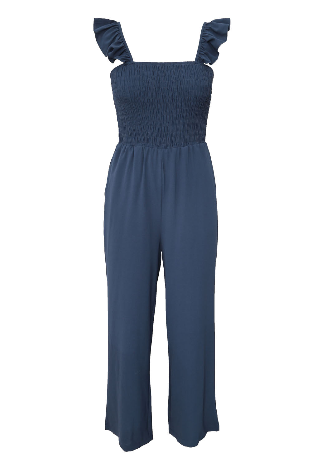 Blue Ruffle Sleeve Smocked Bodice Wide Leg Jumpsuit for Women LC643773-5