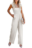 Apricot Ruffle Sleeve Smocked Bodice Wide Leg Jumpsuit for Women LC643773-18