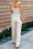 Apricot Ruffle Sleeve Smocked Bodice Wide Leg Jumpsuit for Women LC643773-18