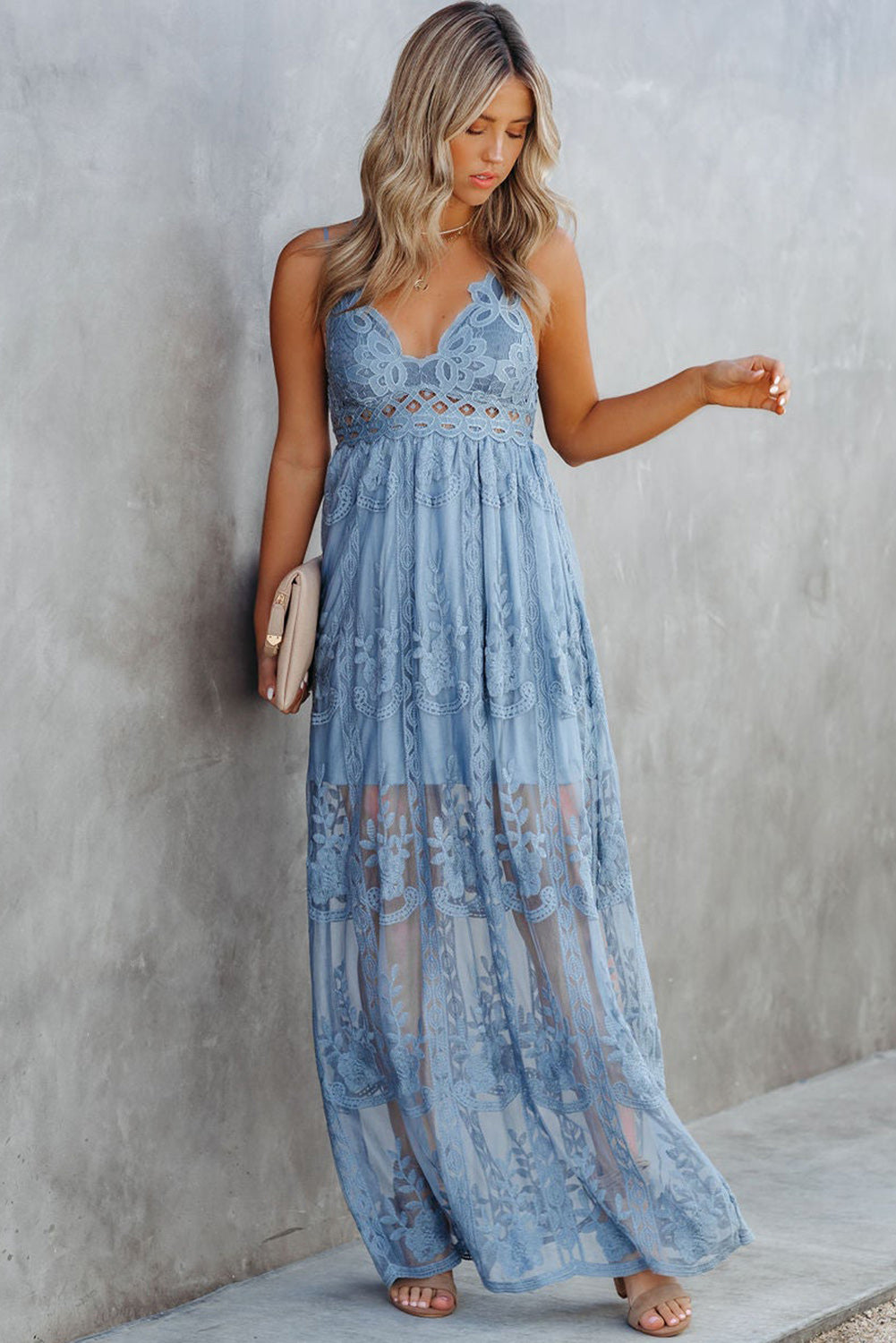 Sky Blue White Maxi Dress Lace Crisscross Backless Cocktail Party Maxi Long Dress LC619278-4