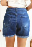 Blue Women's Casual Frayed Hem Single-breasted Ripped Denim Shorts LC78838-5