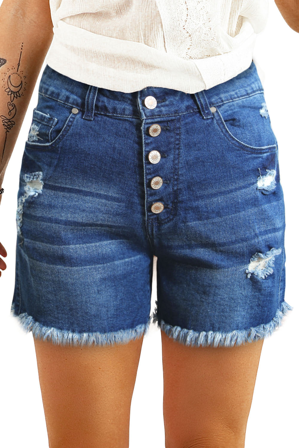 Blue Women's Casual Frayed Hem Single-breasted Ripped Denim Shorts LC78838-5
