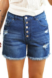 Blue Women's Casual Frayed Hem Single-breasted Ripped Denim Shorts LC78838-5