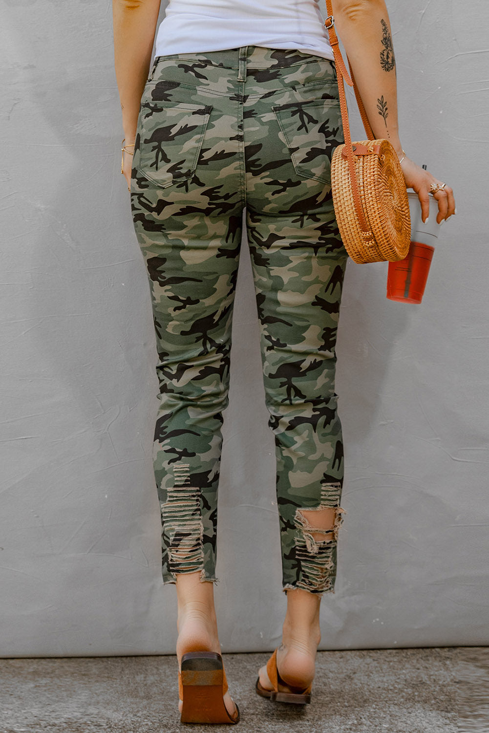 Green Camouflage Hollow out Ripped Skinny Jeans with Pockets for Women LC78149-9