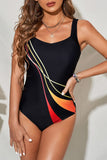 LC442787-2-S, LC442787-2-M, LC442787-2-L, LC442787-2-XL, LC442787-2-2XL, Black Women's One Piece Swimsuit Striped Pattern Print Sleeveless Bathing Suit