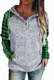 Green Womens Splicing Kangaroo Pocket Buttoned Plaid Hoodie LC2539575-9