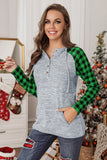 Green Womens Splicing Kangaroo Pocket Buttoned Plaid Hoodie LC2539575-9