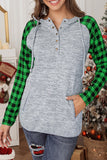 Green Womens Splicing Kangaroo Pocket Buttoned Plaid Hoodie LC2539575-9