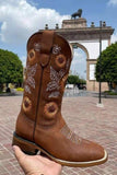LC12668-17-37, LC12668-17-38, LC12668-17-39, LC12668-17-40, LC12668-17-41, Brown Cowboy Boots for Women Embroidery Stitched Sunflower Western Boots