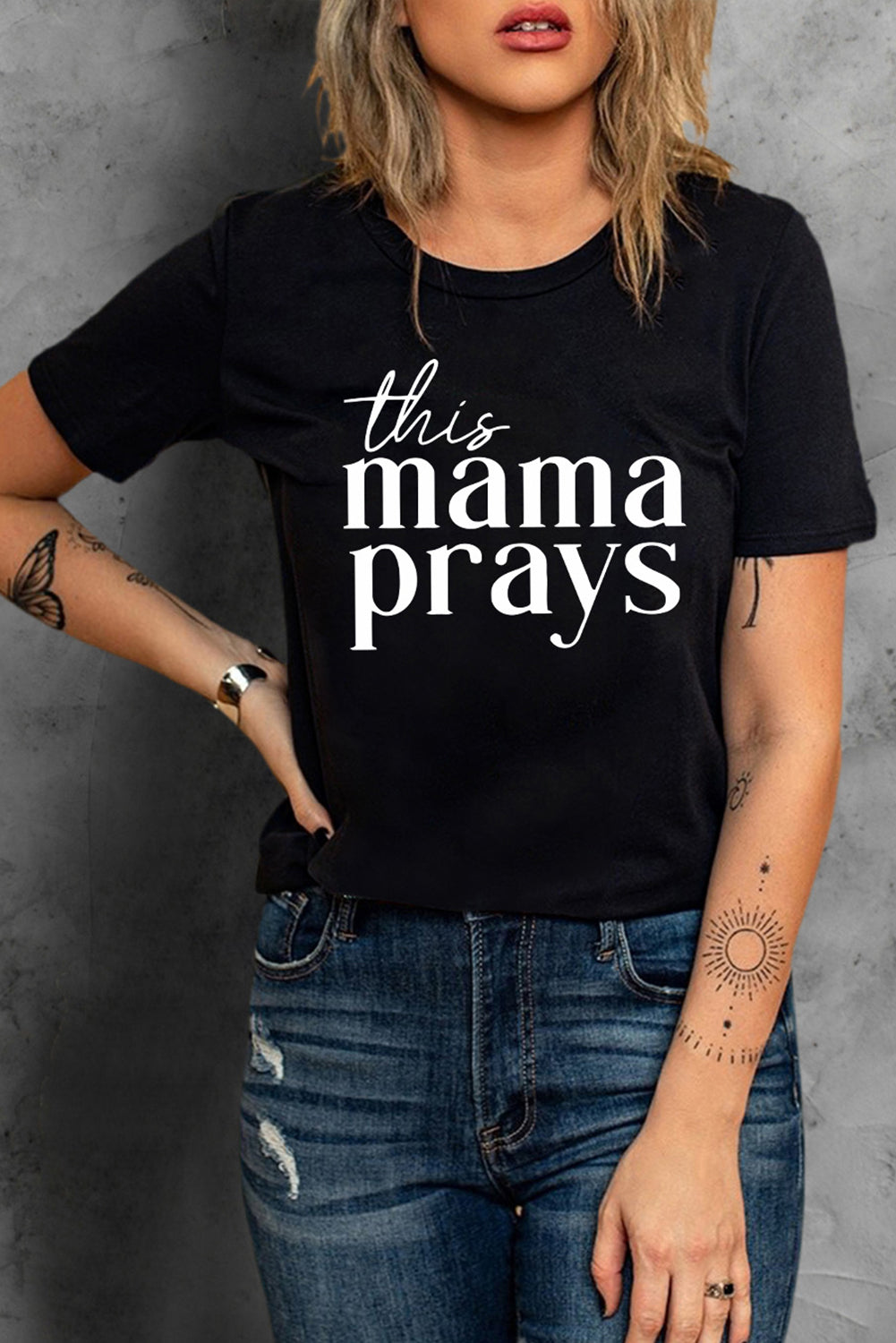 Black This mama prays Letters Print Tee Graphic Tees Vintage T-Shirt Tops LC25214107-2