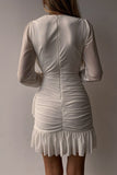 White Ruched Sexy Dress Flounce V Neck Bodycon Mini Dress LC2211387-1