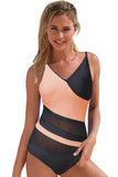 Pink Colorblock Mesh Backless One Piece Bathing Suit LC442720-10