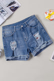 LC78823-1-S, LC78823-1-M, LC78823-1-L, LC78823-1-XL, LC78823-1-2XL, White Ripped Patchwork Hem Denim Shorts for Women