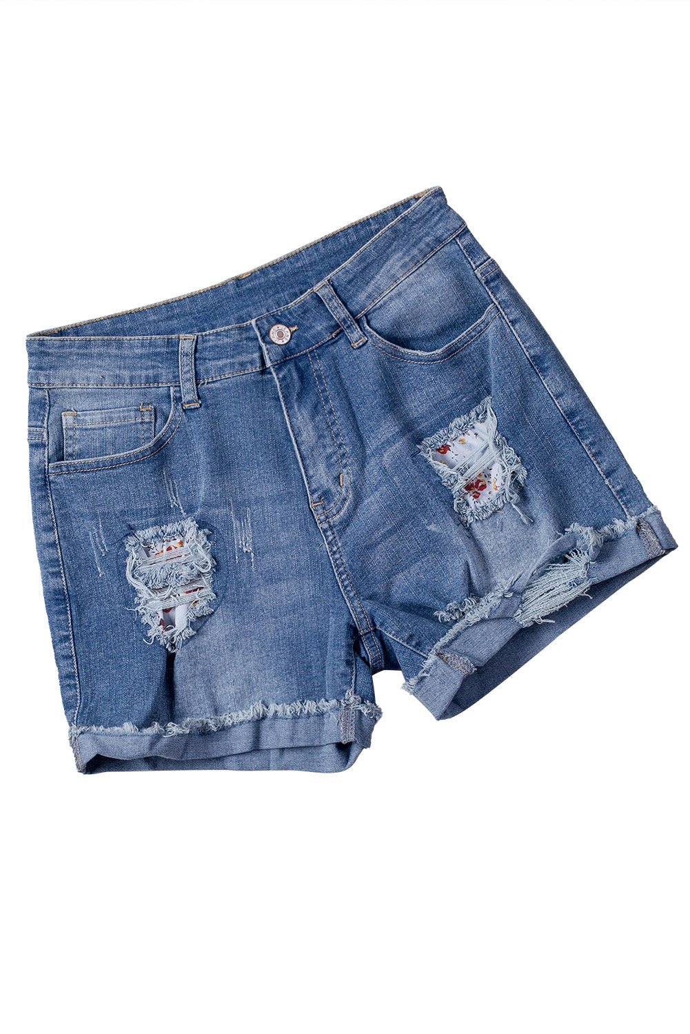 LC78823-1-S, LC78823-1-M, LC78823-1-L, LC78823-1-XL, LC78823-1-2XL, White Ripped Patchwork Hem Denim Shorts for Women
