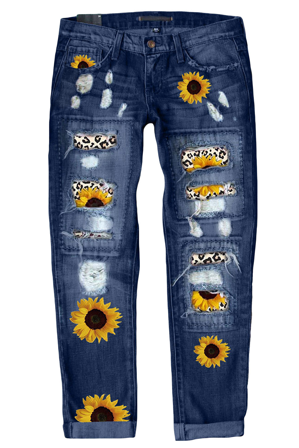 Womens Ripped Leopard Sunflower Graphic Destroyed Denim Pants 