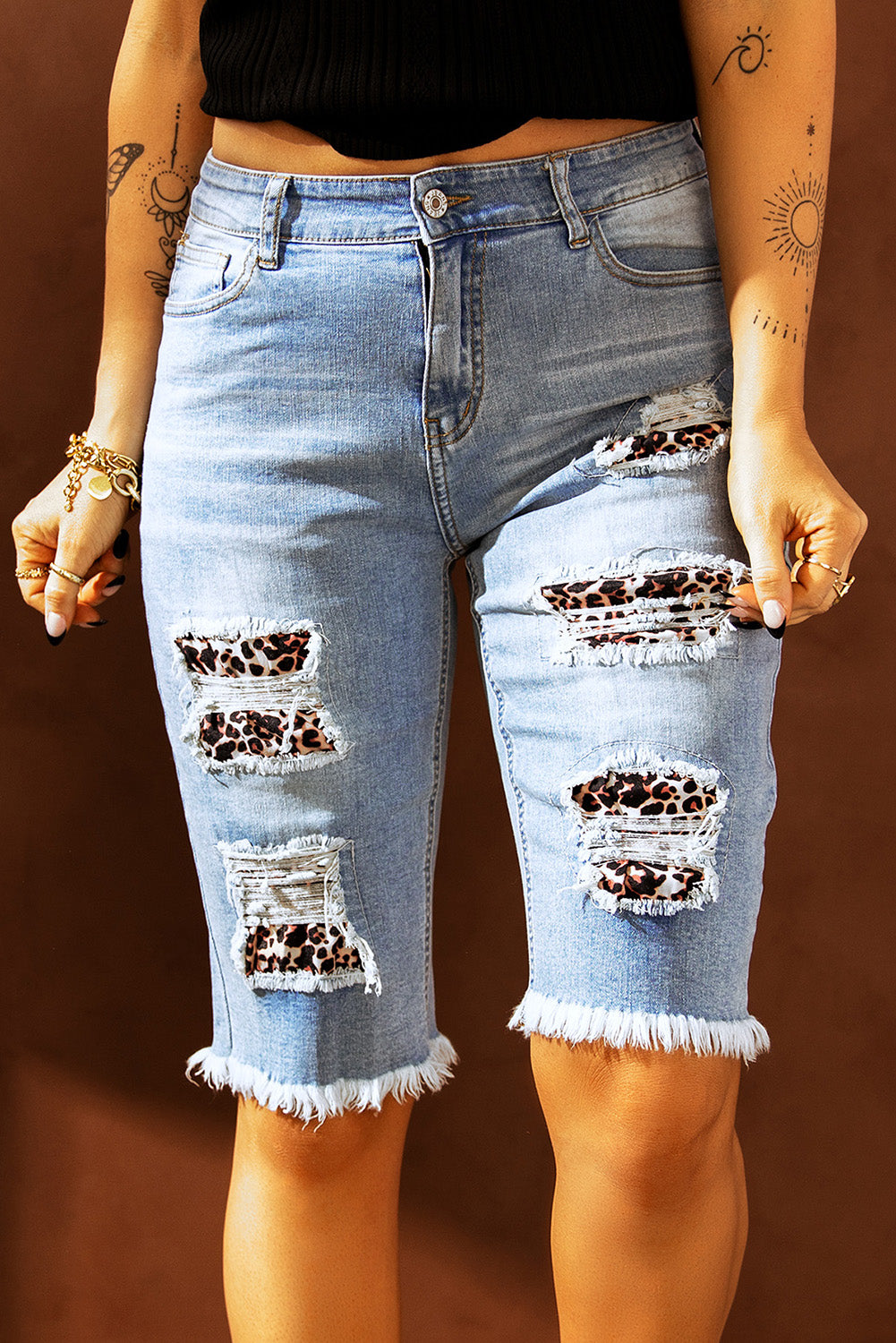 Leopard Mid Rise Ripped Destroyed Patches Bermuda Shorts Jeans LC781578-20