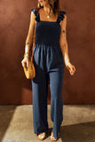 Blue Ruffle Sleeve Smocked Bodice Wide Leg Jumpsuit for Women LC643773-5